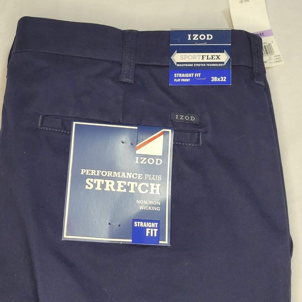 IZOD Men's Pants 38 x 32 Flat Front Cotton Stretch Nwt Non Iron Wicking